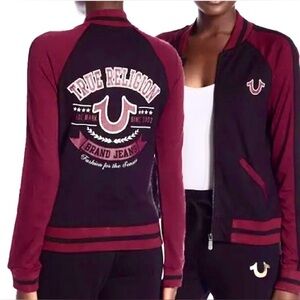 True Religion Varsity Jacket with Bold Graphics in Black & Burgundy Size Small